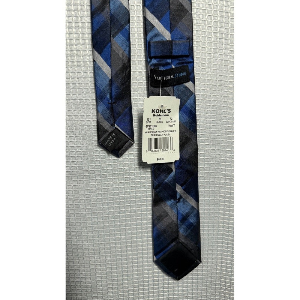 Van Heusen Slim Tie Navy Blue Plaid Mens Necktie - Picture 2 of 4